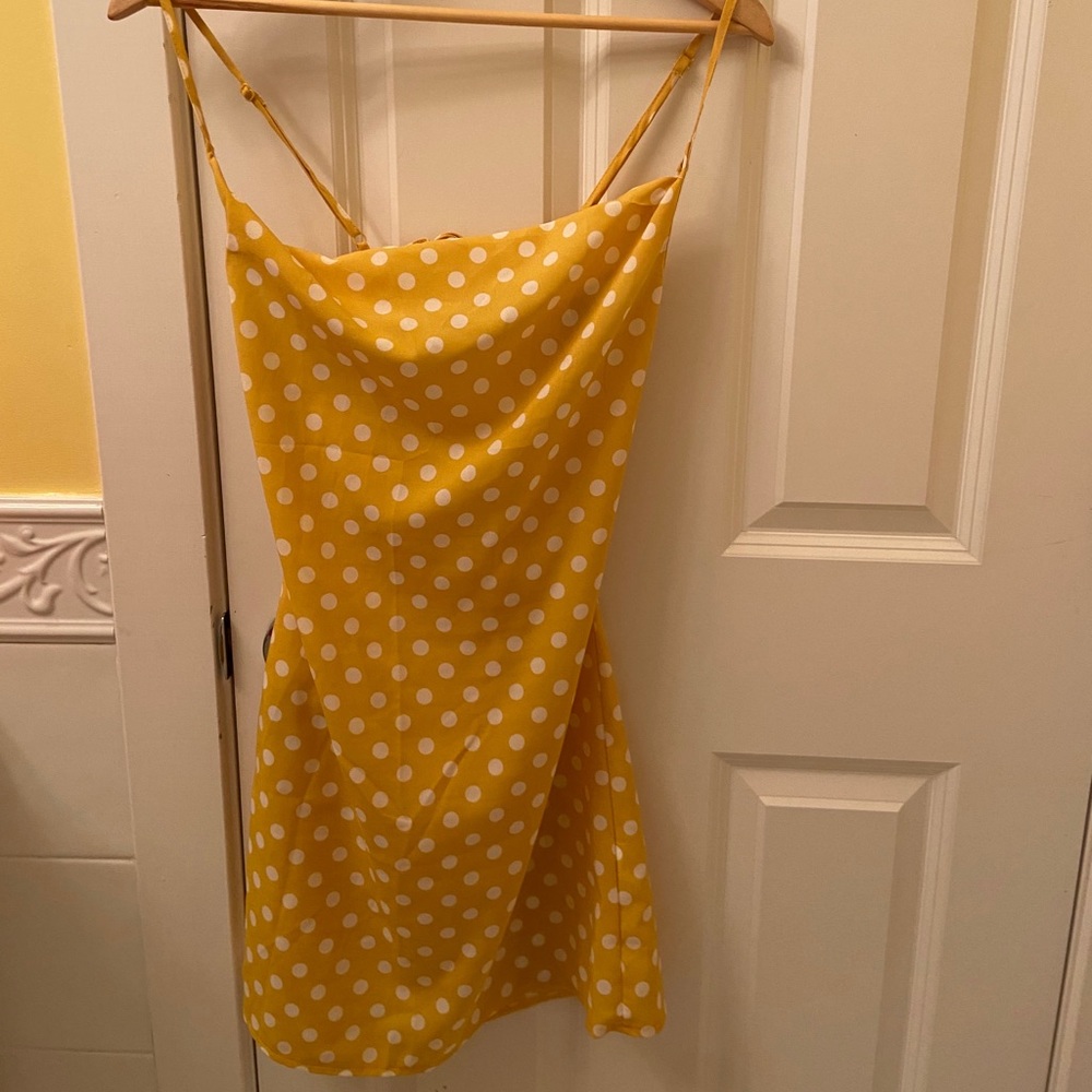 Yellow polka dot mini cowl neck dress